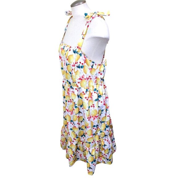 Womens Dress Size Large Lemon Cherry Print Midi Ruffle Hem Wide Strap Sundress - Picture 3 of 5